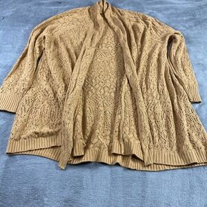 Roaman's Cardigan Women 1X Tan Pointelle Open Front Crochet Knit Longline Boho